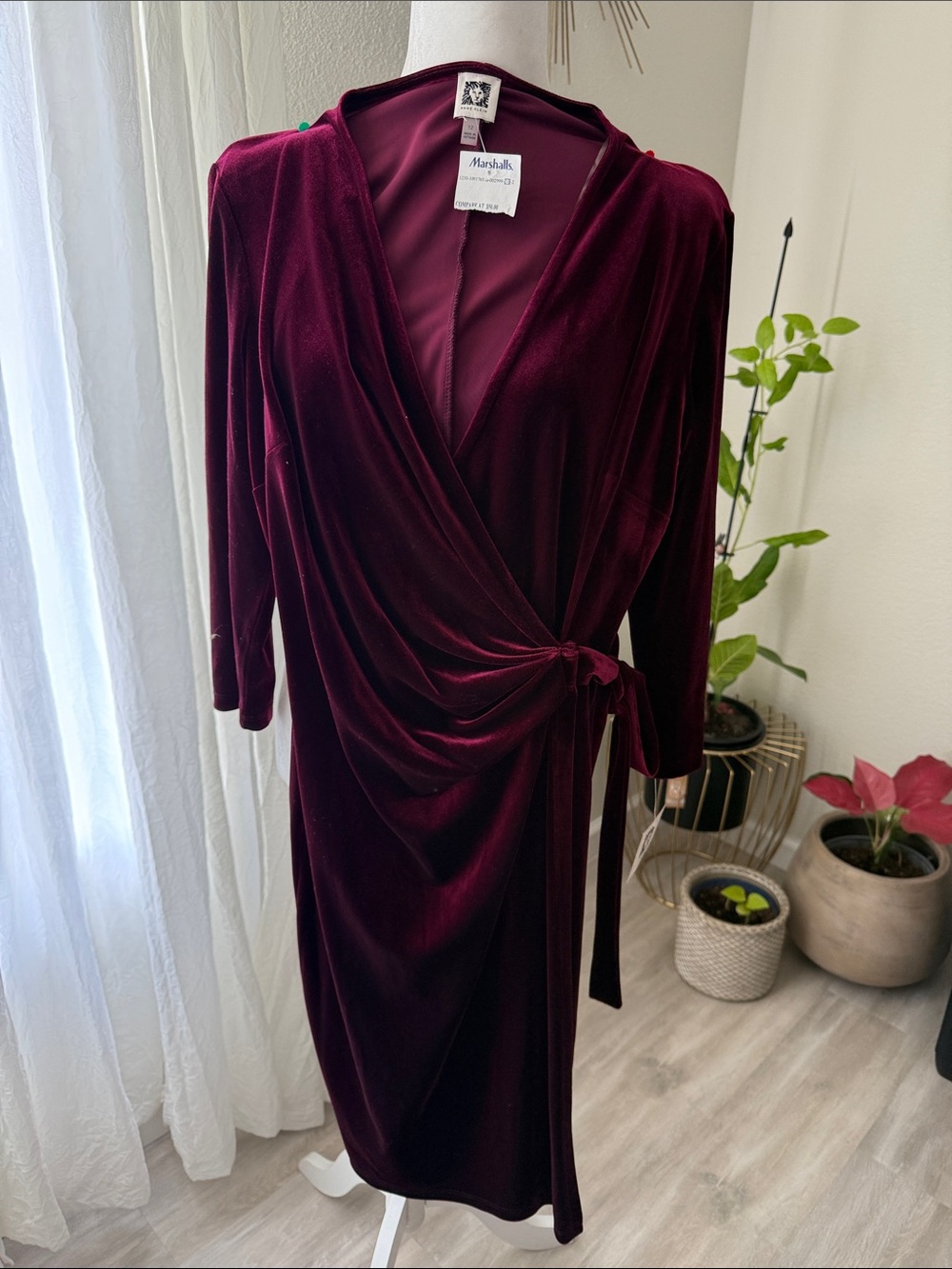 Anne Klein Burgundy Velvet Wrap Midi Dress